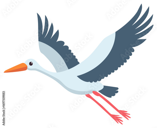 Flat design vector illustration of a white stork bird with orange beak and long legs flying
