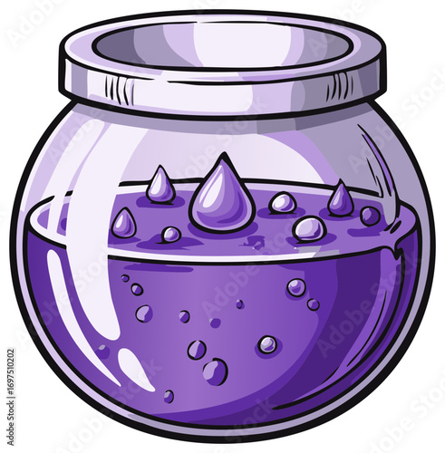 Cartoon glass jar filled with purple liquid and dripping droplets