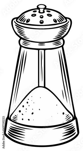 A classic pepper shaker or salt mill in a black and white vintage woodcut illustration style