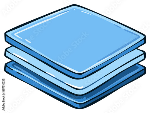 Three stacked square translucent blue panels with rounded corners and dark outlines