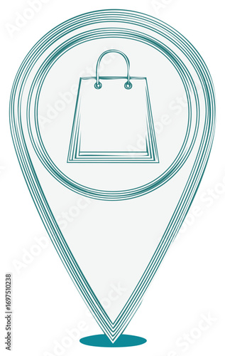 Shopping bag inside location pointer, representing retail business stores locations and consumer purchasing power on a map.