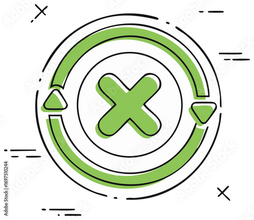 Green cross mark in a circular target with arrow elements and graphic lines, abstract design