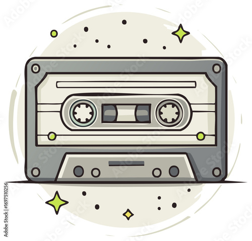 Isolated illustration of a retro audio cassette tape with sparkles for a nostalgic 80s and 90s music theme