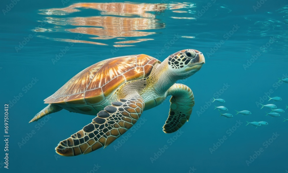 Fototapeta premium Sea turtle swimming underwater, surrounded by small fish. Clear water reflects light