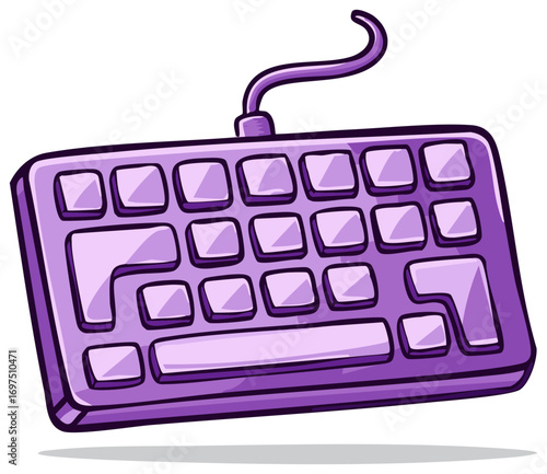 Purple computer keyboard with a curved wire and isolated on a white background