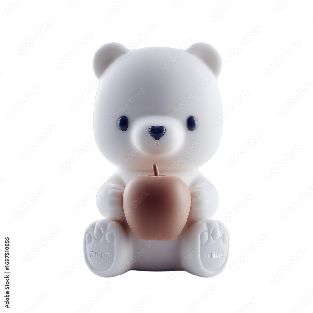 Obraz premium White cartoon bear character sitting holding a brown apple 3D render isolated on black