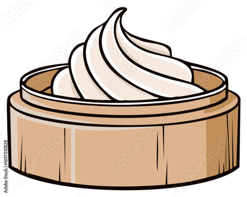 Cartoon illustration of a swirled steamed bun in a bamboo steamer basket