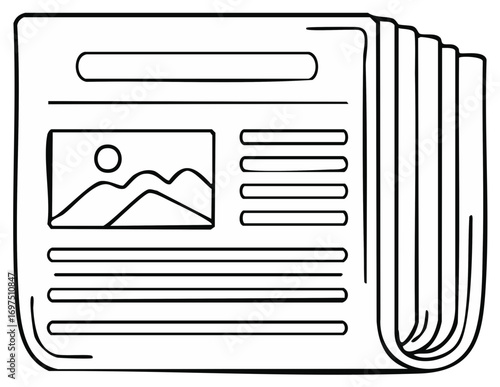 Hand drawn newspaper doodle illustration. Black and white line art of a daily news publication for media and communication.