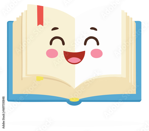 Smiling Open Book Illustration with Bookmarks and Happy Expression