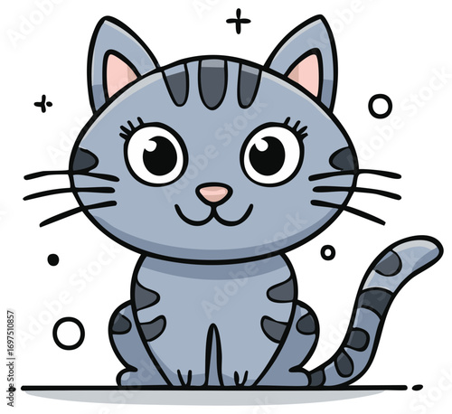Adorable cartoon gray tabby cat illustration sitting with big eyes and a friendly smile.