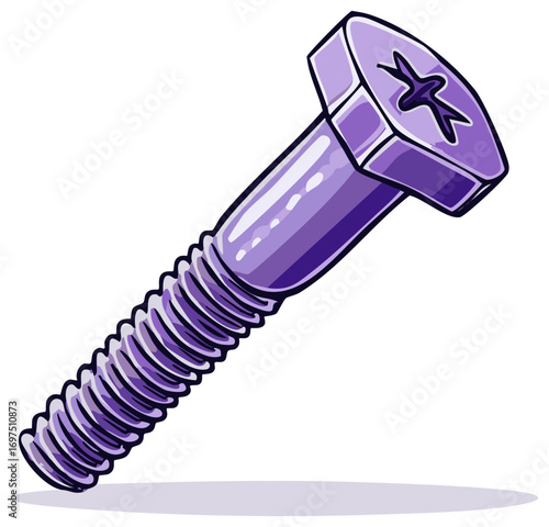 Purple cartoon screw fastener with a cross slot head on a white background