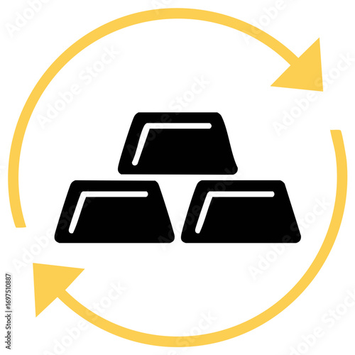 Three Gold Bars Circulating Investment Wealth Flow Concept with Yellow Circular Arrows, Valuable Assets and Precious Metals