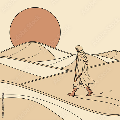 Solitary cloaked traveler walks across vast desert landscape under setting sun vector illustration