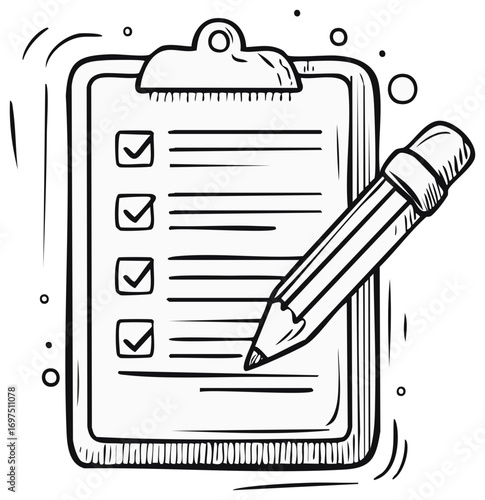 Hand drawn clipboard with a completed checklist and pencil doodle style illustration