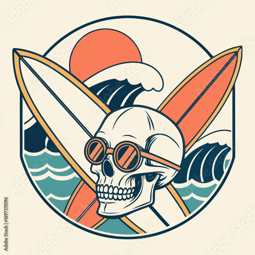 Cool skull with retro sunglasses and surfboards illustration vector art for summer vibes