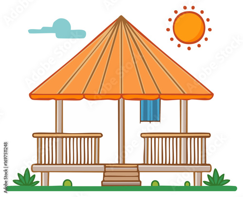 Stylized illustration of a tropical beach bungalow with an orange umbrella roof under a sunny sky