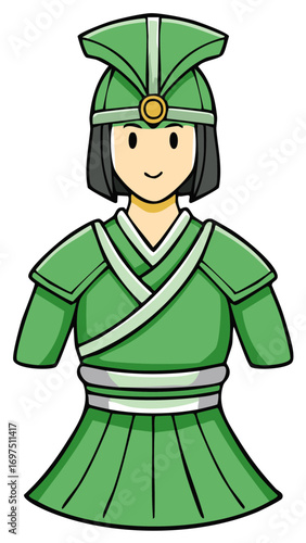 Traditional Cartoon Character in Green Outfit with Distinctive Headdress