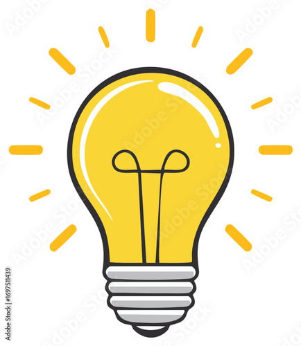 Bright Yellow Lightbulb Glowing with Rays, Symbolizing Ideas and Innovation