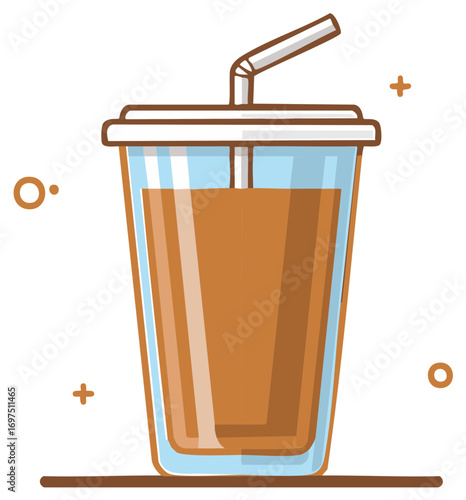 Takeaway brown beverage in clear plastic cup with lid and straw minimalist vector illustration
