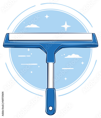 Blue Window Squeegee for Cleaning with Sky, Clouds and Stars in Background Illustration