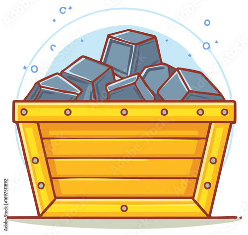 Golden mining cart full of heavy gray rocks and minerals ready for transport