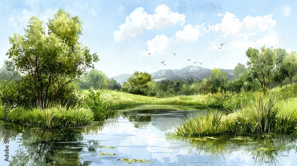 Fototapeta premium Tranquil River Landscape Painting Green Trees, Blue Sky, and Rolling Hills