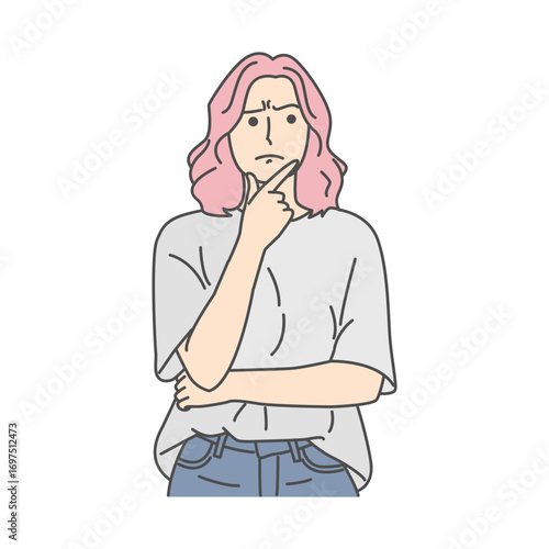 Illustration of a young woman with a pensive expression while holding her chin