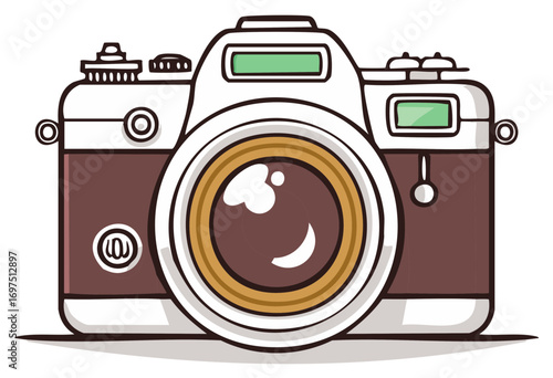 Illustrated classic camera with lens, viewfinder, buttons and other parts in white and brown tones