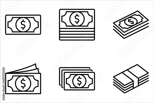Money icon set. Dollars banknotes. Cash money line design on white background