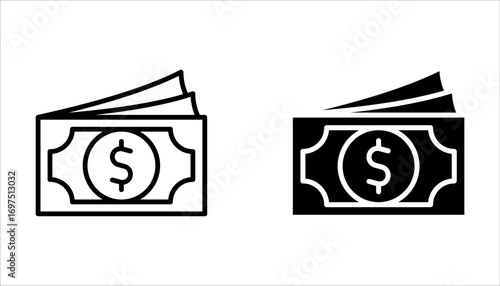Money icon set. Dollars banknotes. Cash money line design on white background