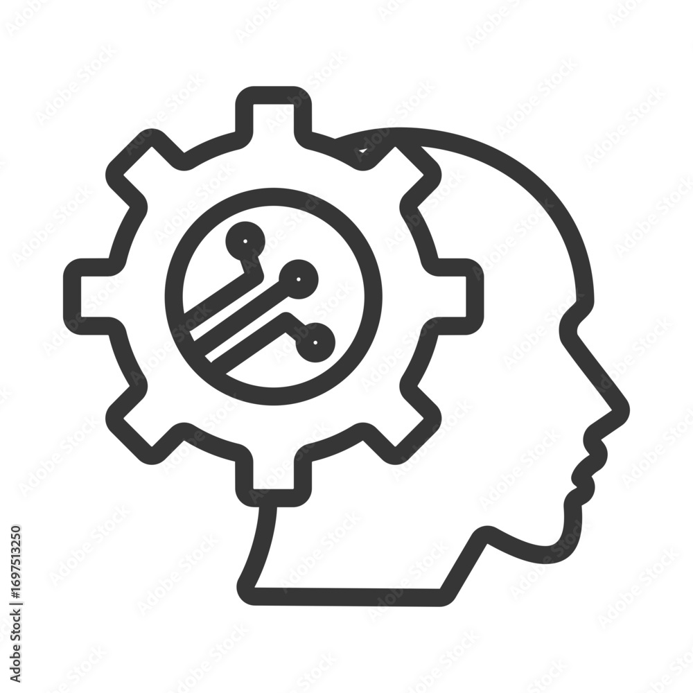 Single AI outline icon with human head, gears and artificial nerves design
Single AI outline icon with human head, gears and artificial nerves design