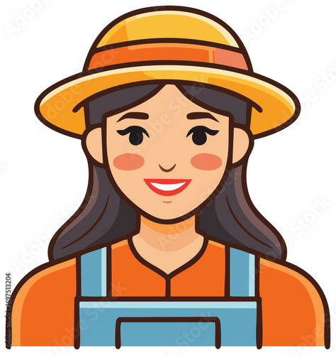 Happy female farmer character in a straw hat and overalls vector illustration
