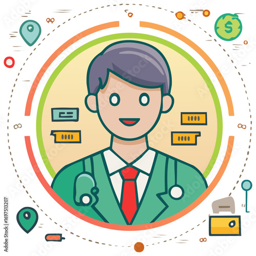 Cartoon Doctor Portrait in Circular Frame with Health and Financial Icons Illustration