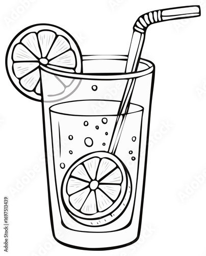 Outline drawing of a refreshing citrus beverage in a tall glass with lemon slices and straw