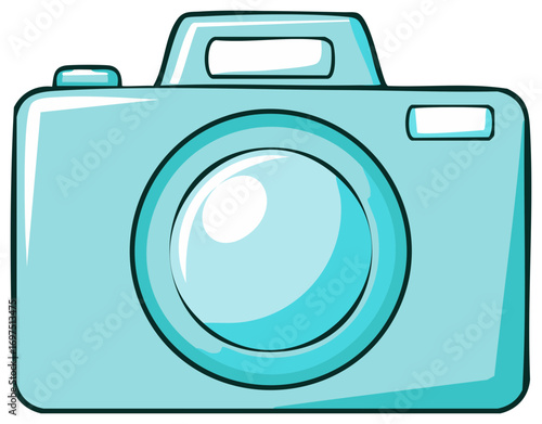 Stylized light blue camera with large circular lens and top viewfinder
