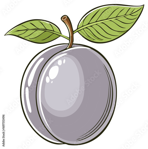 Cartoon Purple Plum with Green Leaves and Stem an Isolated Vector Illustration