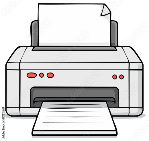 Cartoon illustration of a modern office printer printing a document with red status lights.