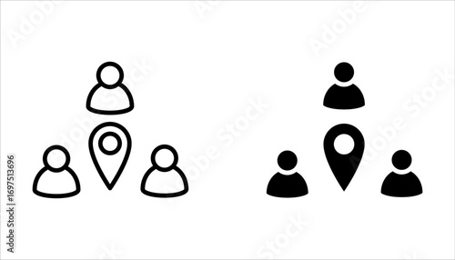 meeting point location icon set, gathering people on white background