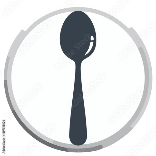 Spoon Silhouette in Round Frame, Silver Circle Border, Kitchen Utensil, Cutlery Icon, Simple Minimalist, Vector