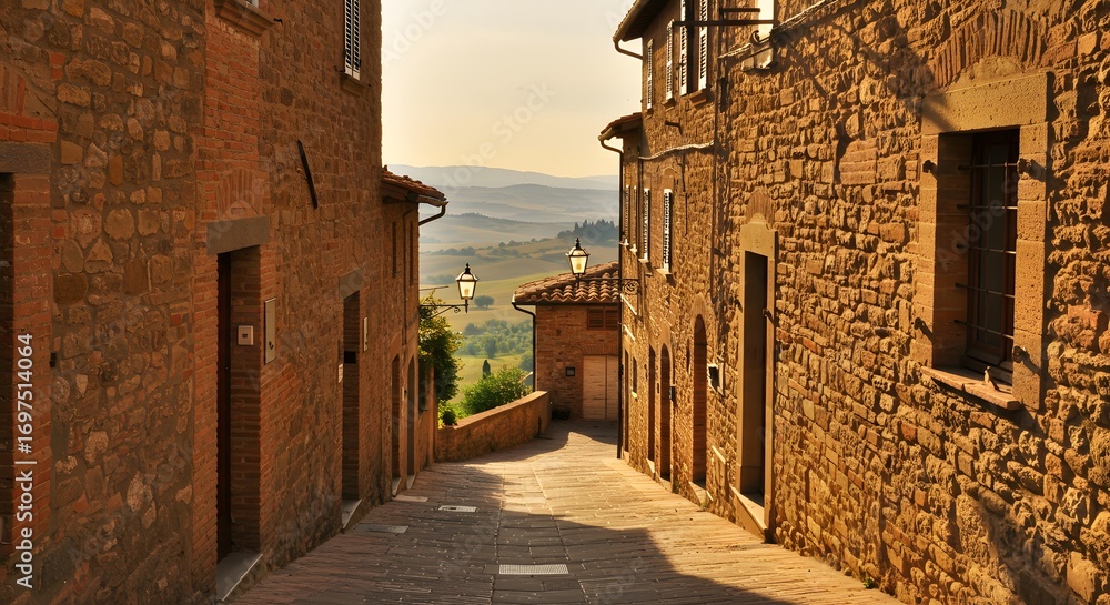 Naklejka premium Stone buildings and alleyway in warm sunlight with hills in background