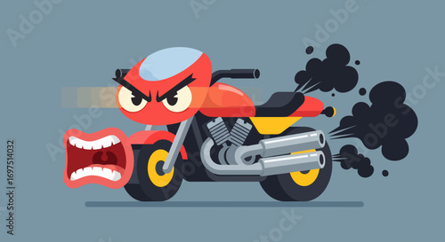 Angry red cartoon motorcycle character shouting and emitting black exhaust smoke.