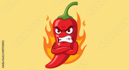 Angry red chili pepper cartoon with crossed arms, scowling face, and fiery heat.
