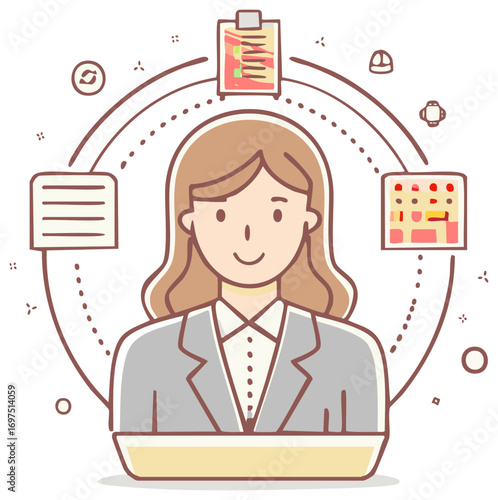 Stylized Woman Surrounded by Business Icons Emphasizing Productivity and Organization