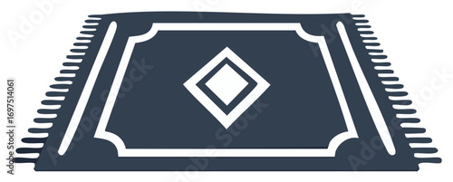 Elegant dark blue rug icon with white geometric pattern and fringed border illustration