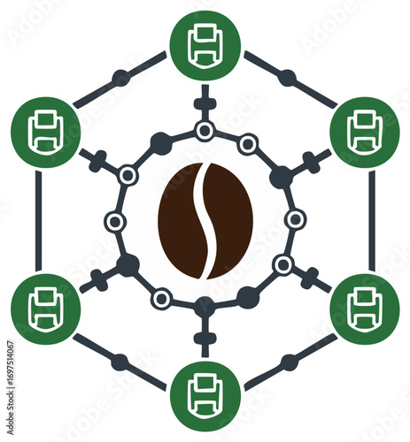 Coffee bean network diagram with interconnected nodes and circular icons