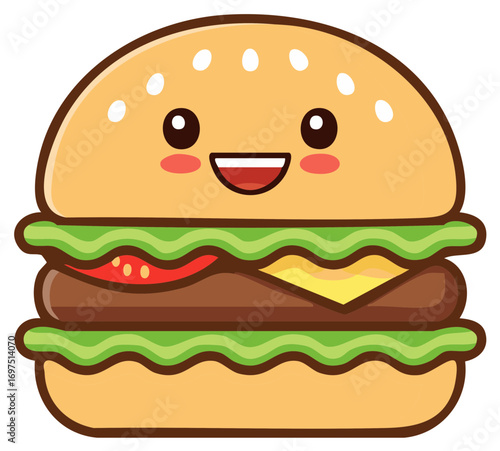Cute cartoon hamburger character with a happy smiling face and rosy cheeks representing delicious fast food joy