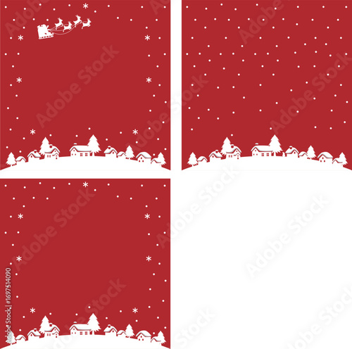 サンタクロースとトナカイのソリが飛ぶ、雪の街並みクリスマス背景セット