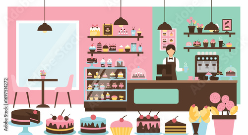 Assortment of Delicious Cakes and Pastries in a Pastel-Colored Bakery.