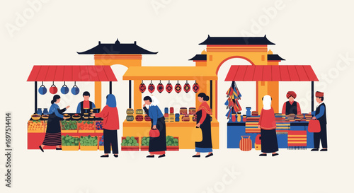 Bustling traditional Asian street market illustration with red stalls, vendors, and shoppers under pagoda-style roofs.