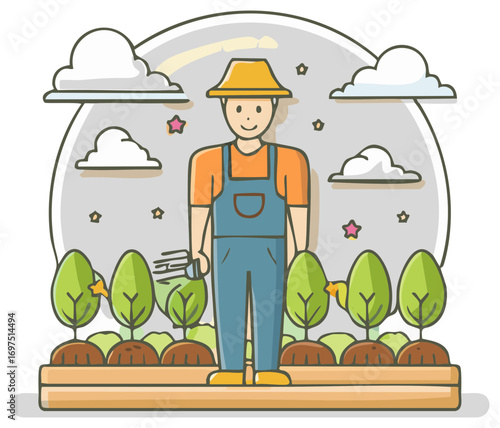 Cartoon Farmer in Overalls with Garden Fork Standing in Vegetable Garden Plot